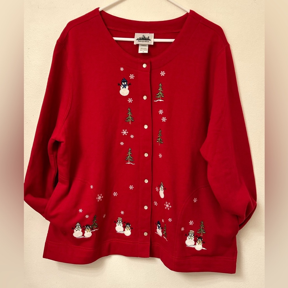 Vintage Metropolitan cardigan Red Snowman Christmas Tree Snap-Up Sweater Size XL